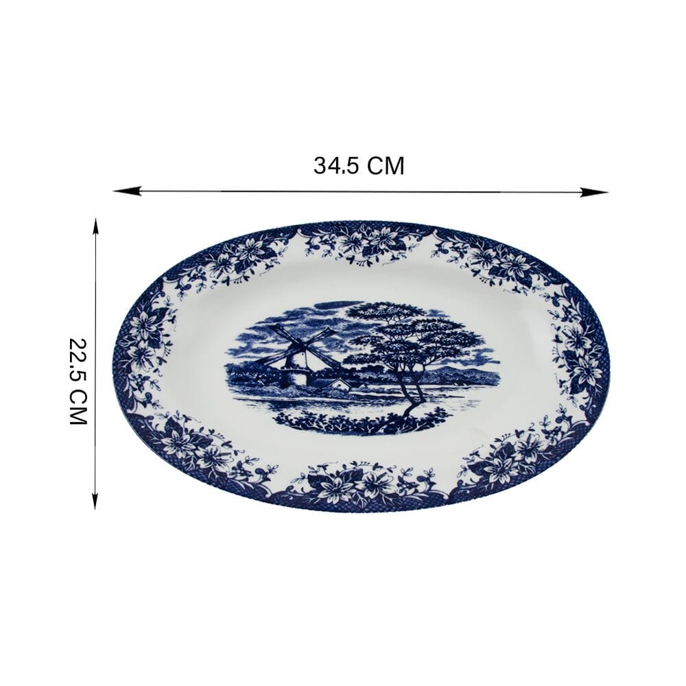 صحن بيضاوي بورسلان بنقش ازرق بطول 22.5سم
