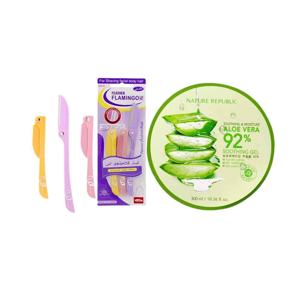 باكج النعومة الفائقة مع شفرات فلامنجو للوجه الأصلية بحزمة 3 قطع بالإضافة إلى جل الصبار اللطيف على البشرة