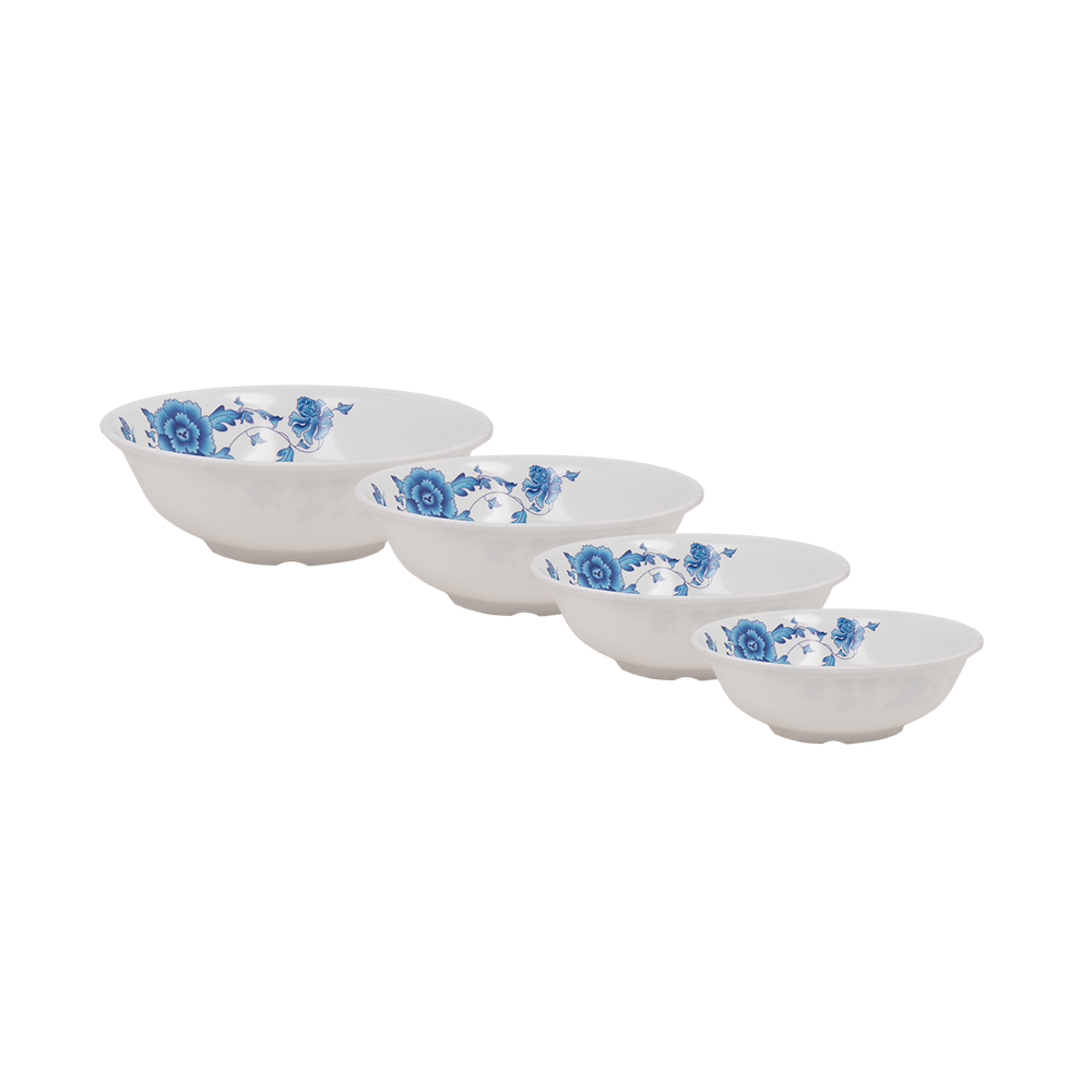 طقم أطباق ميلامين عميقة بتصميم زهور زرقاء - عدد 4 أطباق