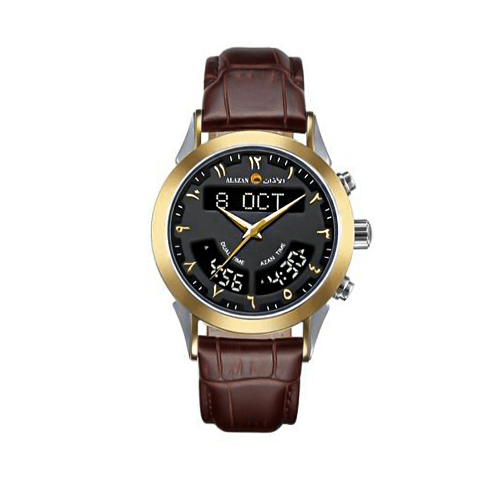 الاذان ساعة جلد بشكل دائرية ضد الخدش وبتوقيت مزدوج