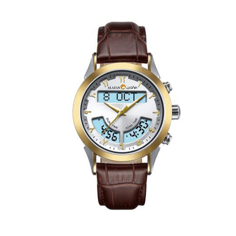 الاذان ساعة جلد بشكل دائرية ضد الخدش وبتوقيت مزدوج