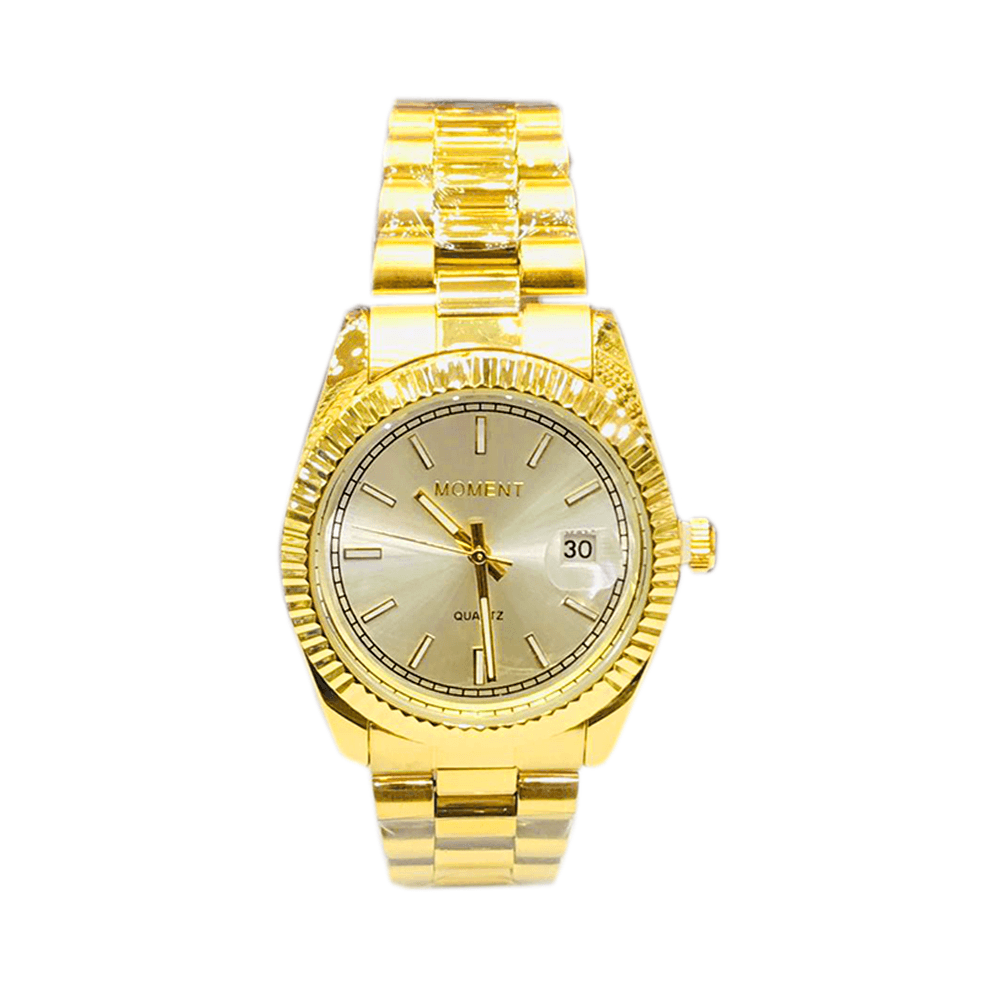 مومينت ساعة يد عصرية بتقويم عقارب وبميناء باللون الزيتي