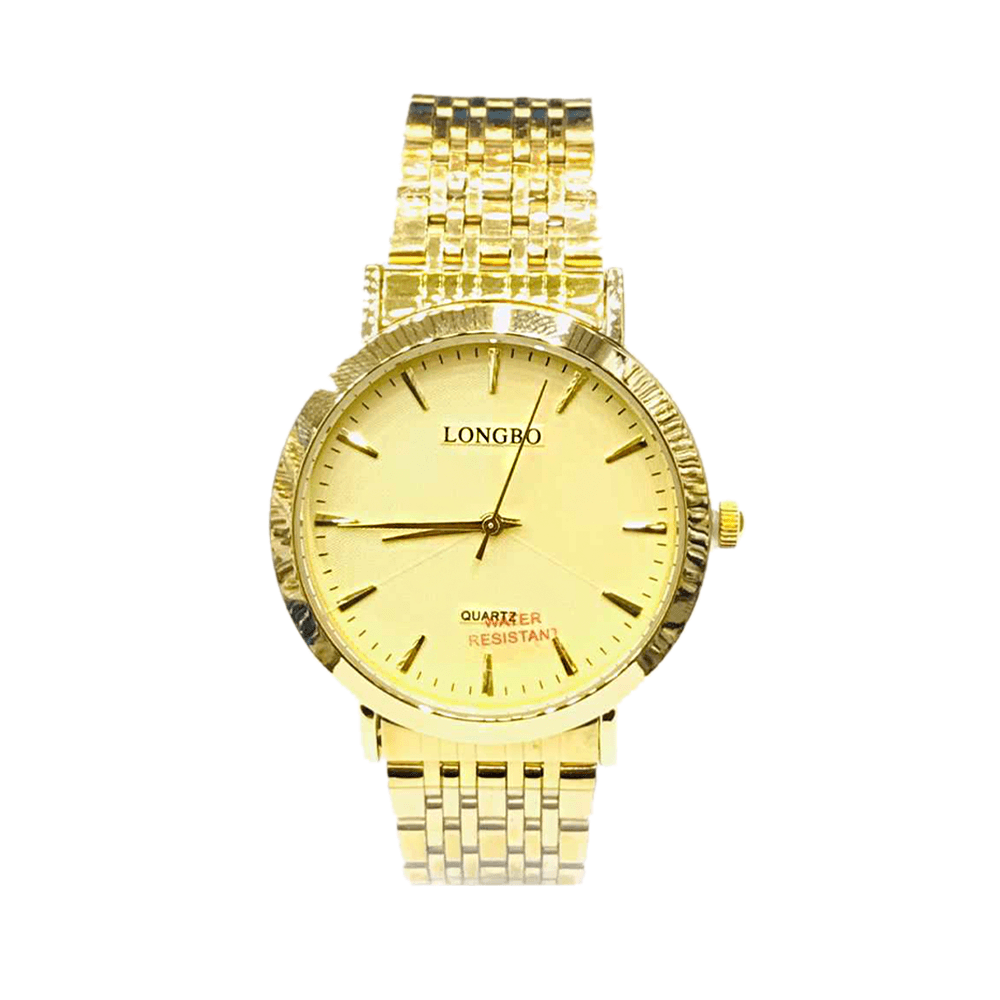 لونج بو ساعة يد عصرية بشكل دائري وبميناء باللون الذهبي