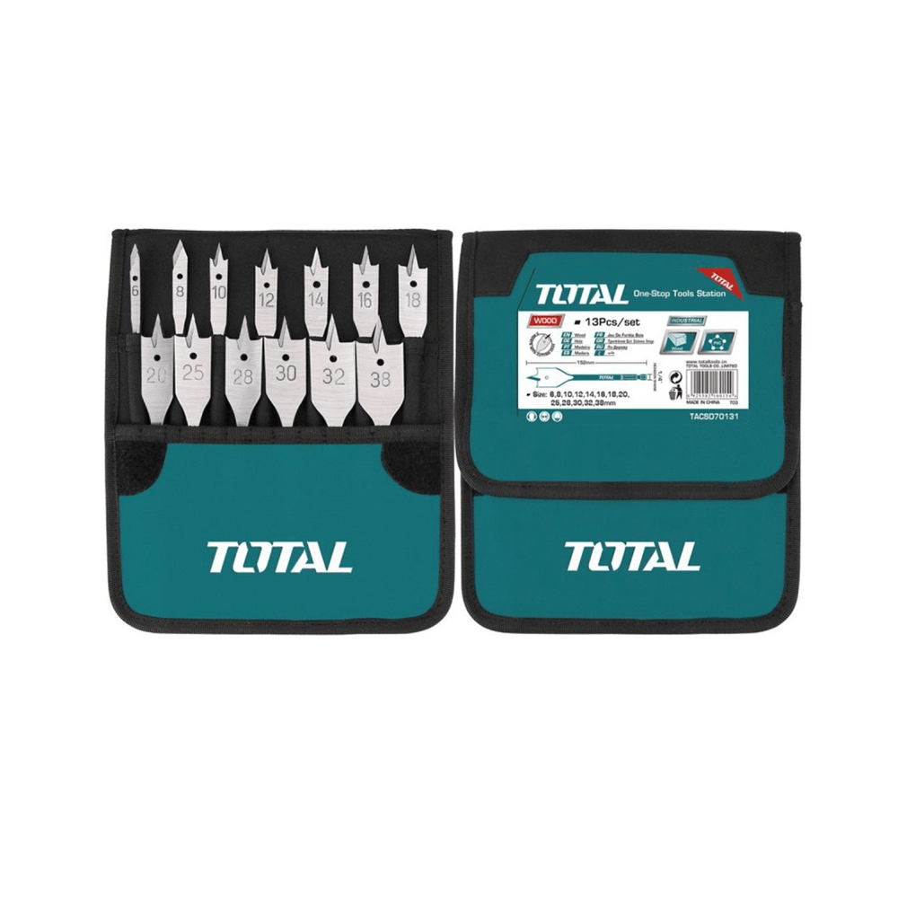 توتال مجموعة ريش حفر مسطحة للخشب بمقبض سداسي -13 قطعة