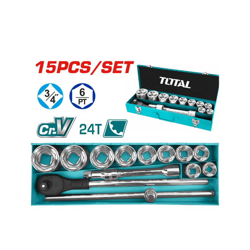 توتال تولز مجموعة أدوات سوكت بحجم 3/4 إنش - 15 قطعة