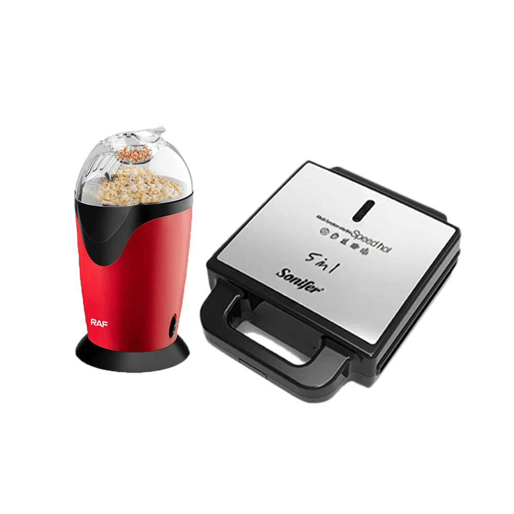 باكج 2 في 1سونيفر صانعة سندويشات 5 في 1 متعددة الاستخدامات 1400 واط و RAF ماكينة صنع الفشار بسعة 2.6 لتر -قوة 1200واط