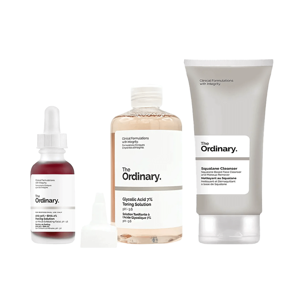 باكج 4 في 1 ذا اورديناري مقشر الأحماض الأحمر 30 مل ،تونر مقشر لتفتيح البشرة 240 مل وذا اورديناري منظف السكوالين للوجه - 50 مل