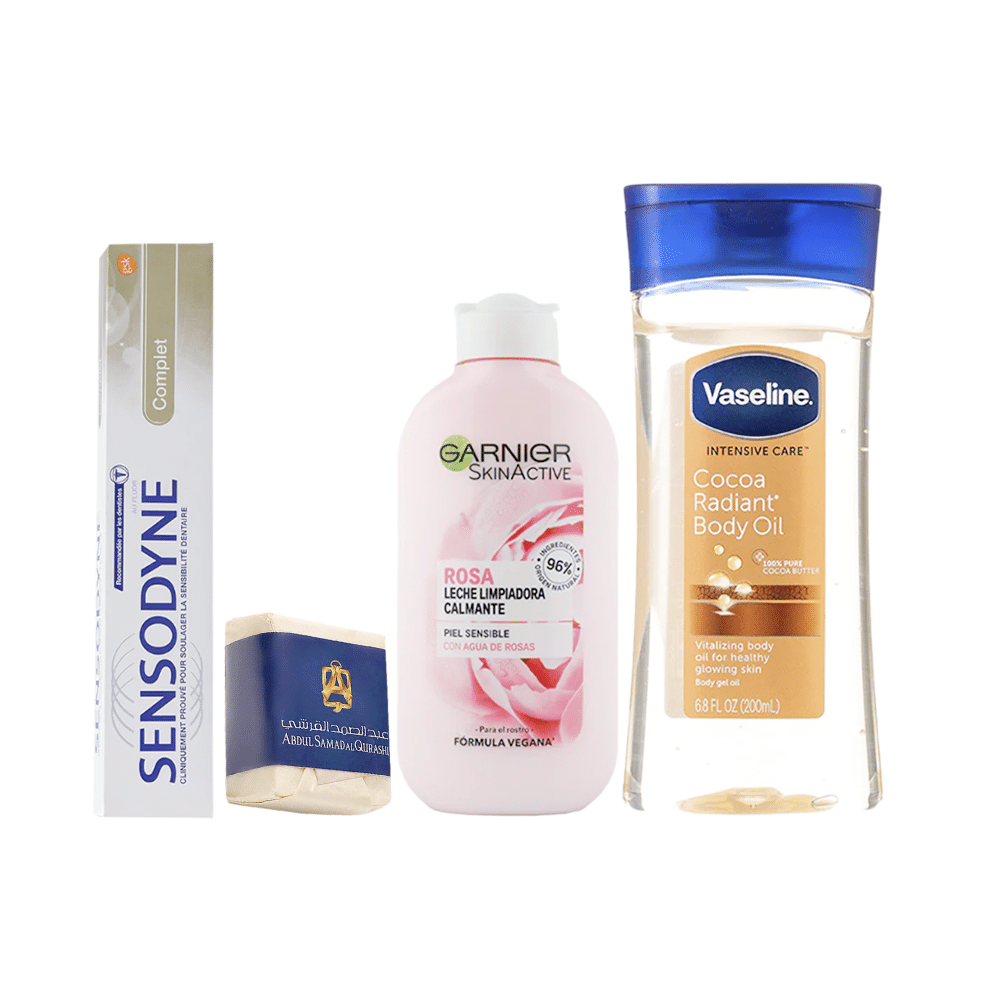 باكج 4 في 1 عبدالصمد القرشي مكعب مسك صلب للجسم ،سنسوداين معجون اسنان Complet 75 مل ،غارنييه مزيل مكياج كريمي بماء الورد العطري 200 مل وفازلين جل بزبدة الكاكاو للعناية بالبشرة - 200 مل