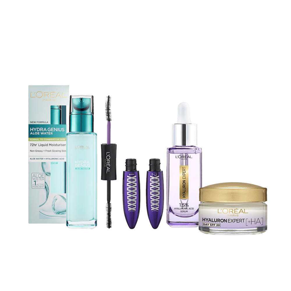 باكج 4 في 1 لوريال باريس كريم مرطب للوجه للبشرة الجافة والحساسة 70 مل ،ماسكارا إكس فايبر 2 في 1 ،كريم بالهيالورونيك اسيد 50 مل وسيروم بالهيالورونيك أسيد - 15 مل