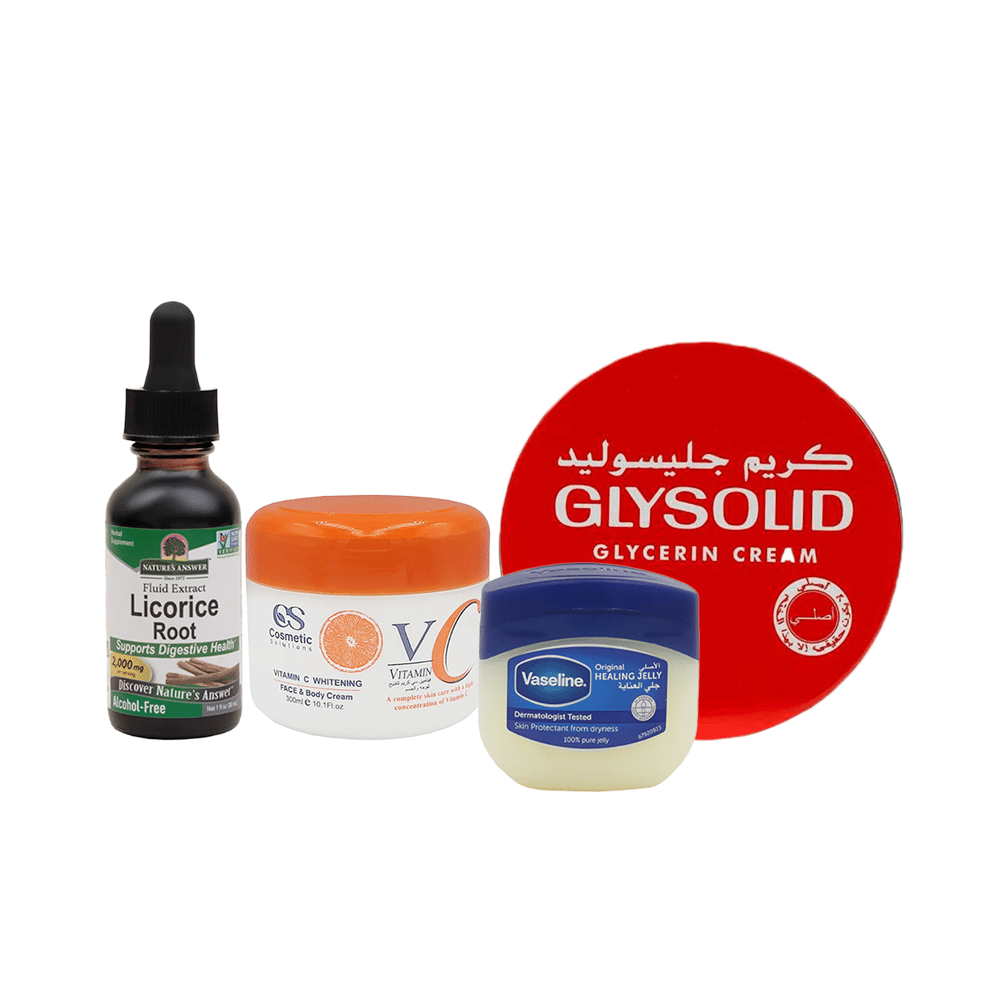 باكج4 في 1ناتشرز انسر سيروم عرق السوس 30 مل ،فازلين طبي أصلي للبشرة 100 مل ،جليسوليد كريم لترطيب اليدين والبشرة 80 مل وكوزماتيكس كريم تفتيح الوجه والجسم بفيتامين سي -300 مل