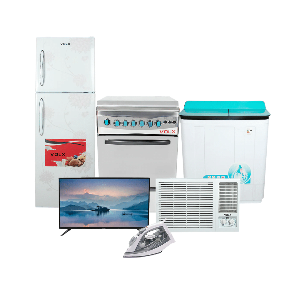 باكج 6×1 ماس تلفزيون LED بحجم 32 بوصة، فولكس ثلاجة شمسية بسعة 310 لتر و غسالة ملابس بحوضين بسعة 13 كجم، طباخة غاز 4 عيون بشواية كهرباء، مكيف شباك بسعة 1 طن، وإنزومكواة كهربائية احترافية مع قاعدة لاسلكية
