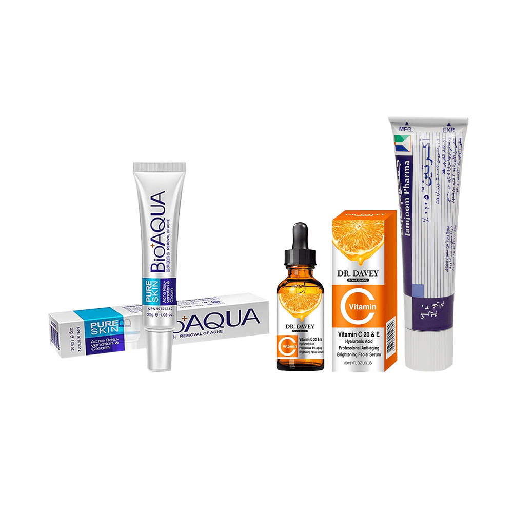 باكج 3×1 كتور ديفي سيروم فيتامين C 20 وE وحمض الهيالورونيك 30مل ،اكرتين كريم تريتينوين لعلاج حب الشباب 0.05% - 30 جم وبايواكوا كريم العناية بالبشرة وإزالة حب الشباب والتجاعيد والبقع والندوب - 30 جم