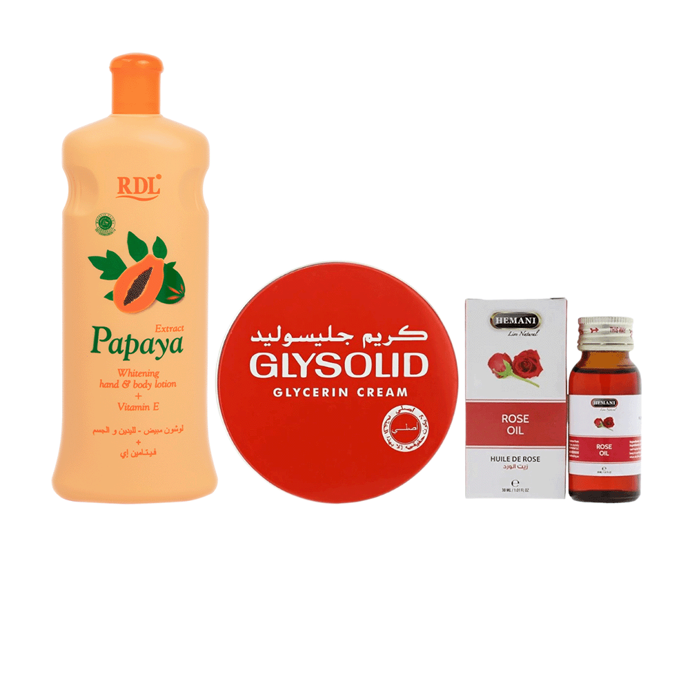 باكج جمال الورد من هيماني زيت الورد - 30 مل  وجليسوليد كريم لترطيب اليدين والبشرة - 80 مل و ار دي ال لوشن تبييض اليدين والجسم بخلاصة البابايا - 600 مل