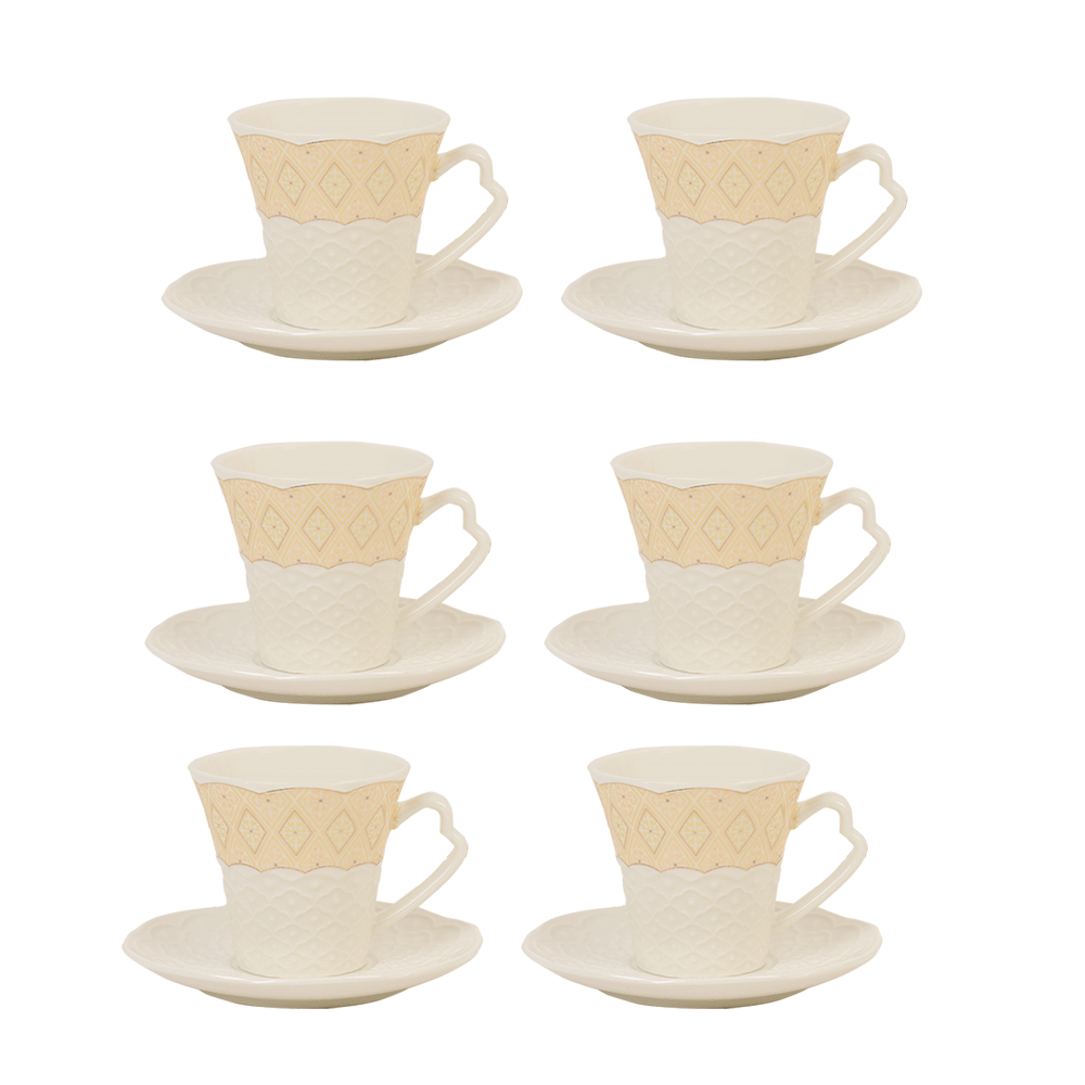 أكواب شاي بيضاء مع صحن بشكل دائري - عدد 6 أكواب 