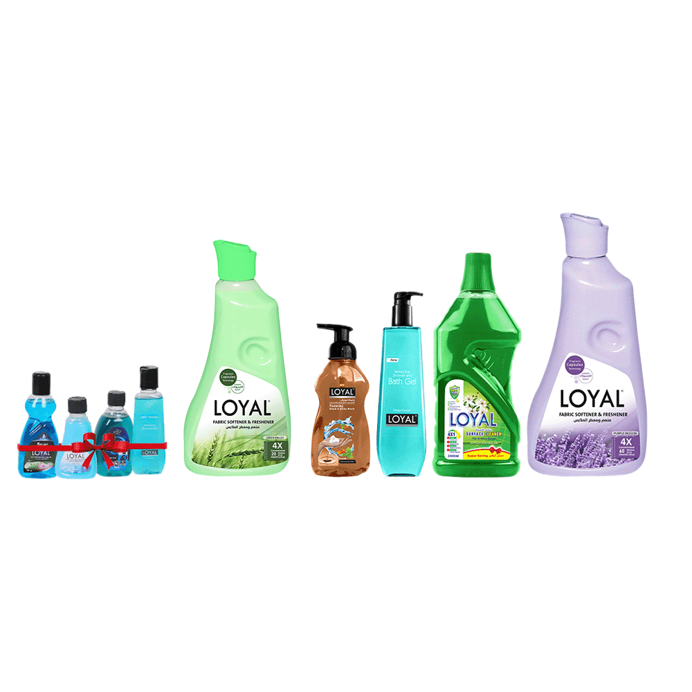 باكج 4×1 من لويال جل استحمام الانتعاش ديب اوشن 900 مل،رغوة لغسيل الجسم واليدين الحلم الوردي 500 مل ،منعم ومعطر ملابس 4 اكس برائحة العاطفة البنفسجية 750 مل و منظف سطح متعدد الاستخدامات برائحة الكمثرى والزهرالأبيض - سعة 2400 ملمع هدية مجانية
