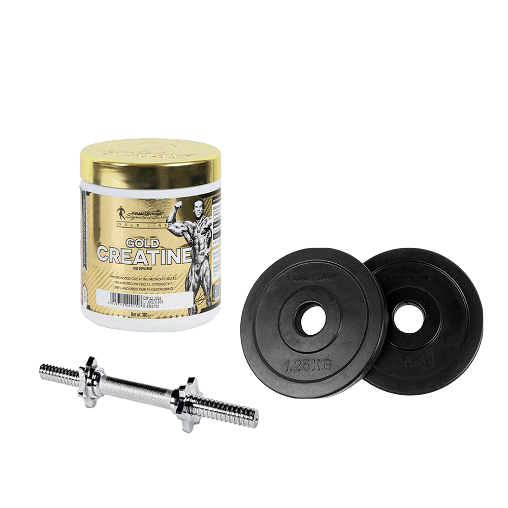 باكج 3×1 الواح وزن من الحديد الزهر عدد 2 × 1.25كجم ،مقبض دمبل مع ياقه شكل نجمه قطر1 بوصه وطول 14 بوصة وكيفن ليفرون جولد كرياتين مكمل غذائي بدون نكهة - 300 جم