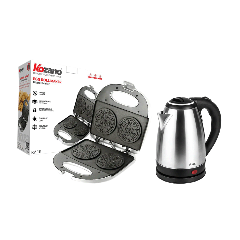 باكج 2×1كوزانو صانعة بسكويت كهربائية بقوة 700-800 واط موديل KZ 18 وكينج لينا غلاية ماء بسعة 1.7 لتر -1500 واط