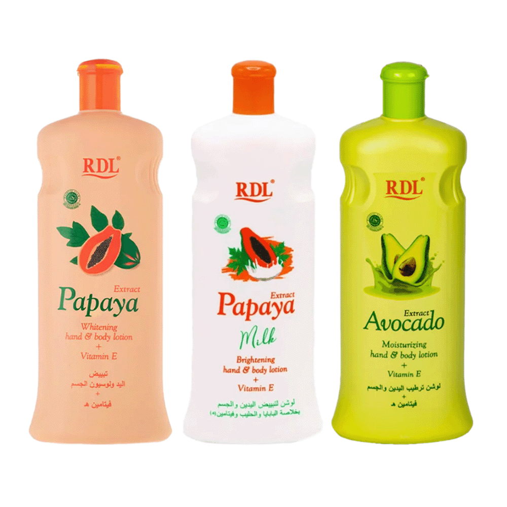 باكج 3×1 من ار دي ال لوشن تبييض اليدين والجسم بخلاصة البابايا ،و بخلاص بابايا الحليب وفيتامين E وبالأفوكادو - 600 مل