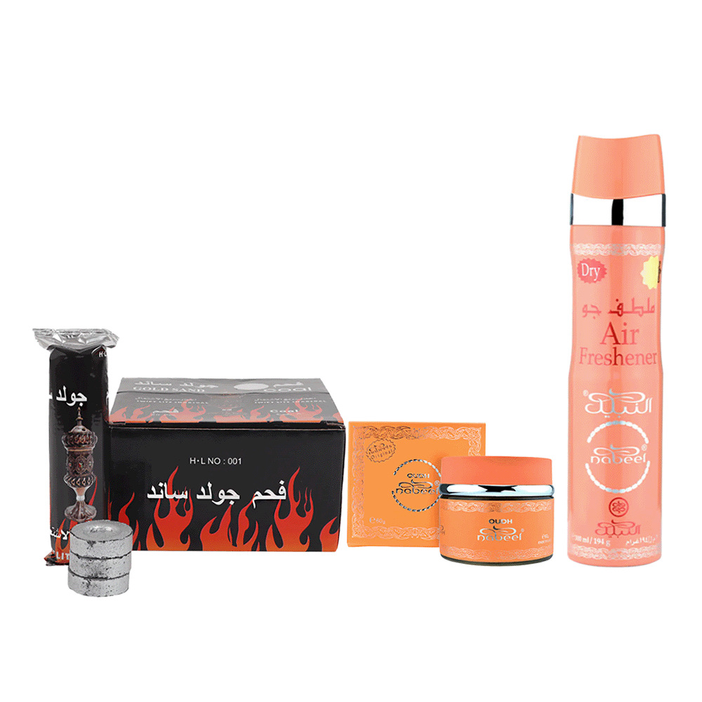 باكج 3×1 من النبيل عود 60 جم و سبراي ملطف جو نبيل 300 مل وجولد ساند فحم سريع الاشتعال -80 قطعة