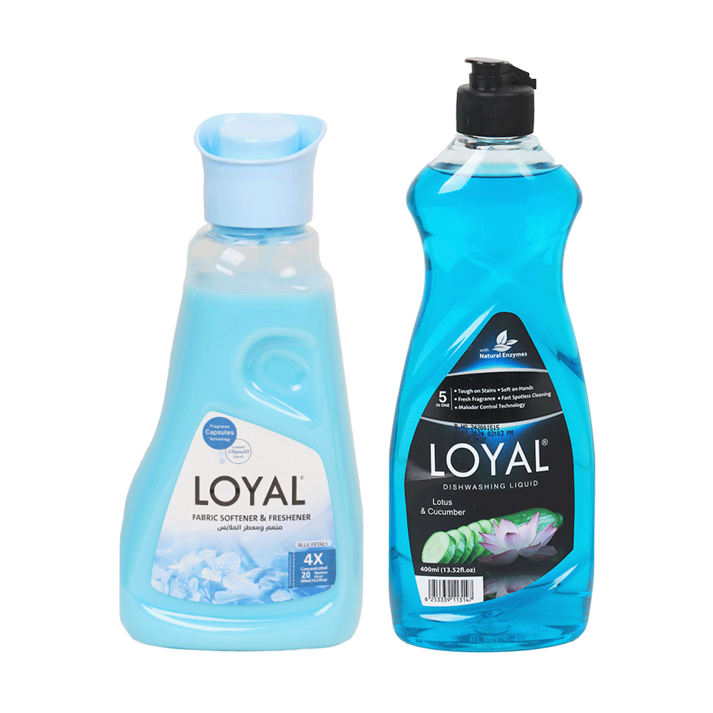 باكج لويال 4 أكس منعم ومعطر ملابس بالبتلات الزرقاء مع لويال سائل الجلي برائحة اللوتس والخيار