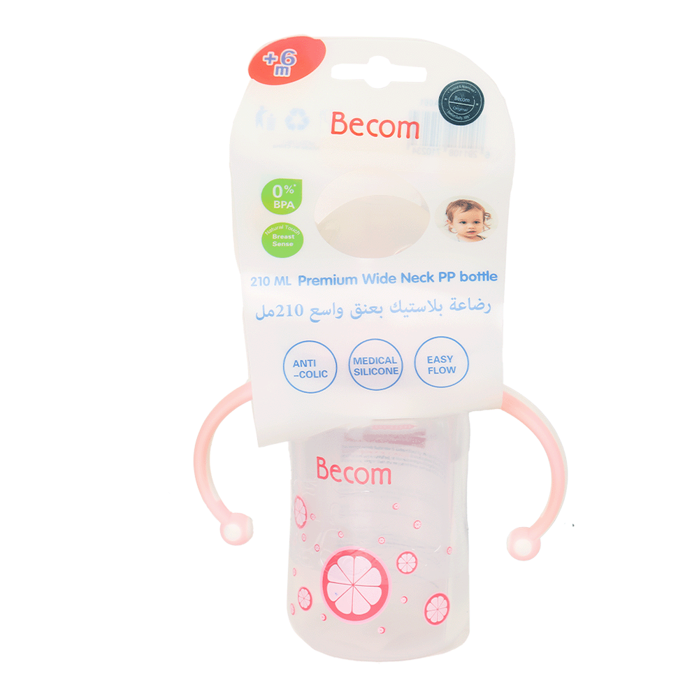بيكوم رضاعة بلاستيك بعنق واسع وردي - 210 مل - موديل TA061