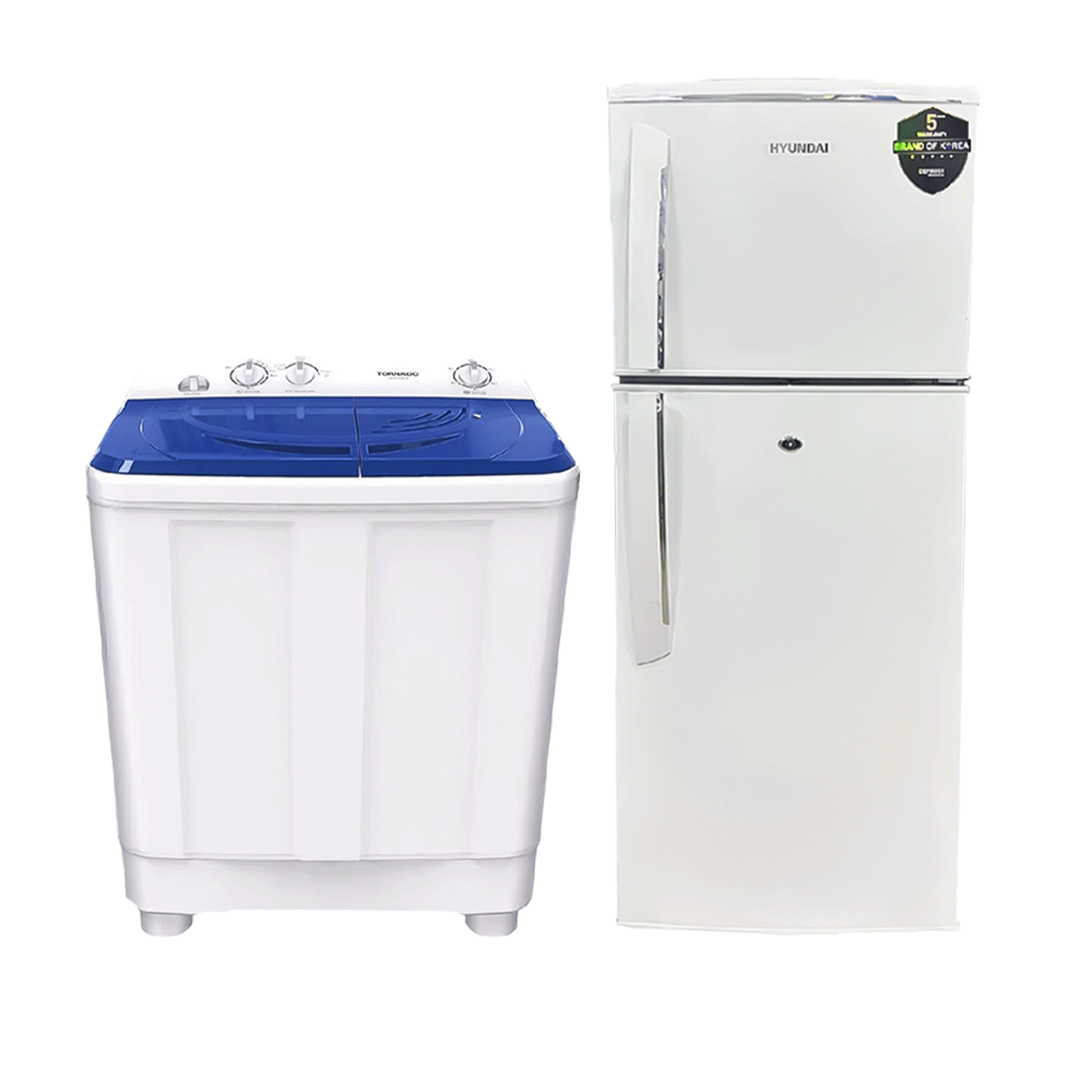 باكج أجهزة المطبخ من هيونداي ثلاجة كهربائية بابين و تورنيدو غسالة ملابس حوضين