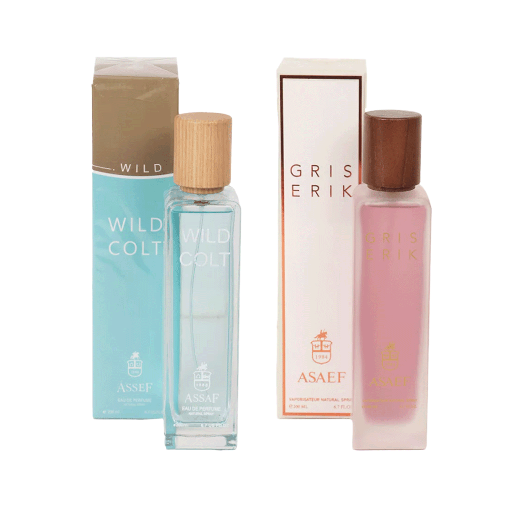 باكج 2×1عساف عطر وايلد كولت أودي بارفيوم كوبي درجة أولى للرجال وجريس إريك ناتشرول سبراي كوبي درجة أولى للنساء - 200 مل