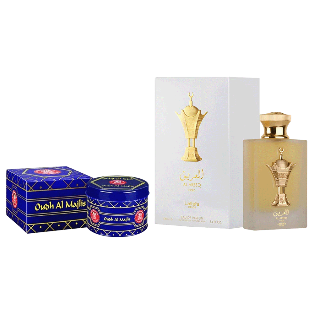 باكج 2×1لطافة عطر العريق الذهبي أو دي بارفان للجنسين - 100 مل والحرمين بخور عود المجلس - 50 جم