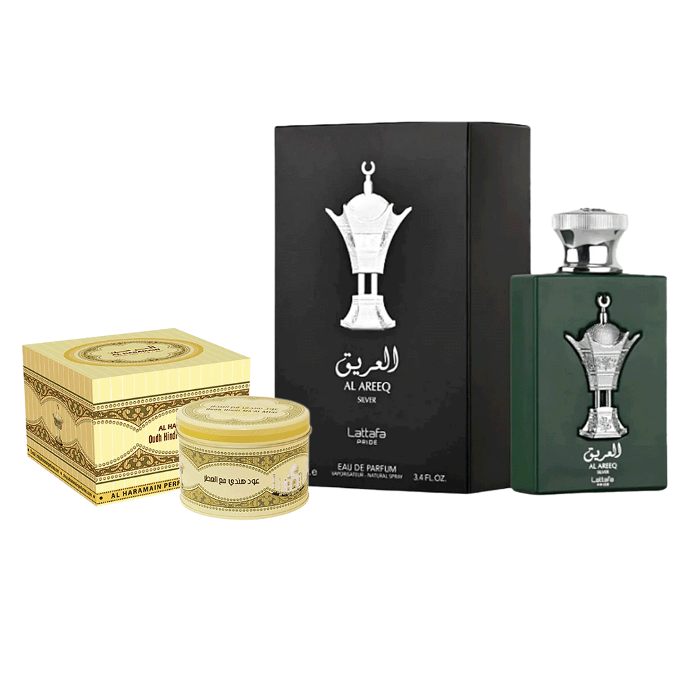باكج 2 ×1الحرمين عود هندي معطر 50 جم ولطافة عطر العريق الفضي أو دي بارفان للرجال - 100 مل