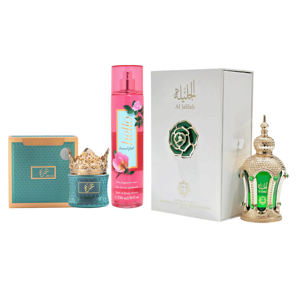 باكج 3×1بانافع بخور عود معطرالغمره 60 جم ،باث اند بودي ووركس بخاخ عطري هالو بيوتيفول 236 مل والشرقية عطر الجليلة مركز للنساء - 20 مل