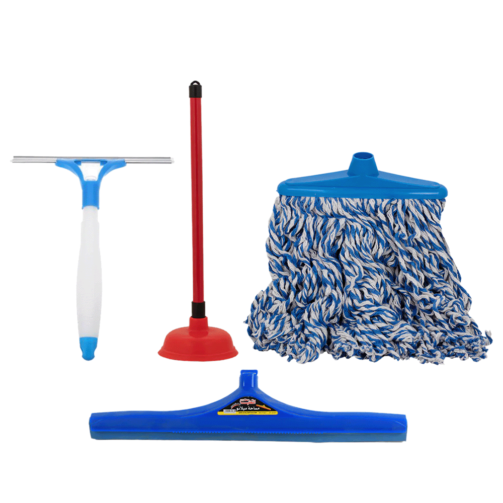 باكج 4×1مكبس مرحاض بمقبض،مساحة أرض ميلانو قطر 52.5 سم،ممسحة أرضيات قطنية 300 جم وممسحة زجاج ببخاخ مدمج