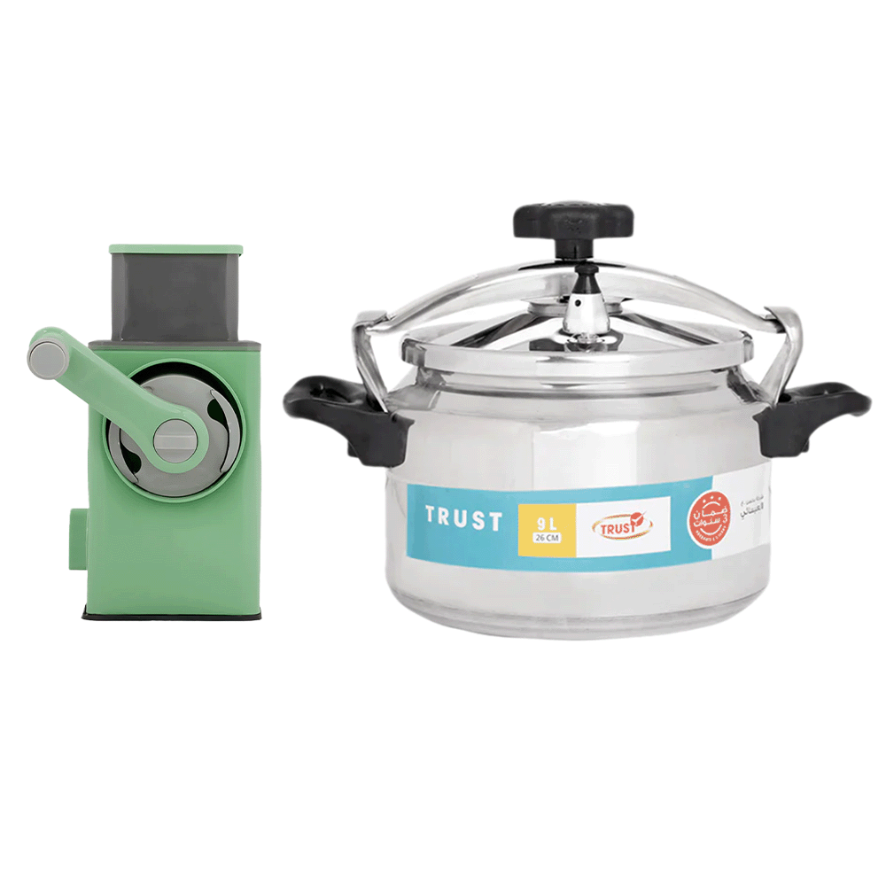 باكج 2×1قدر ضغط الالمنيوم 9 لتر وقطاعة خضروات دوارة و متعددة الوظائف - 3 شفرات