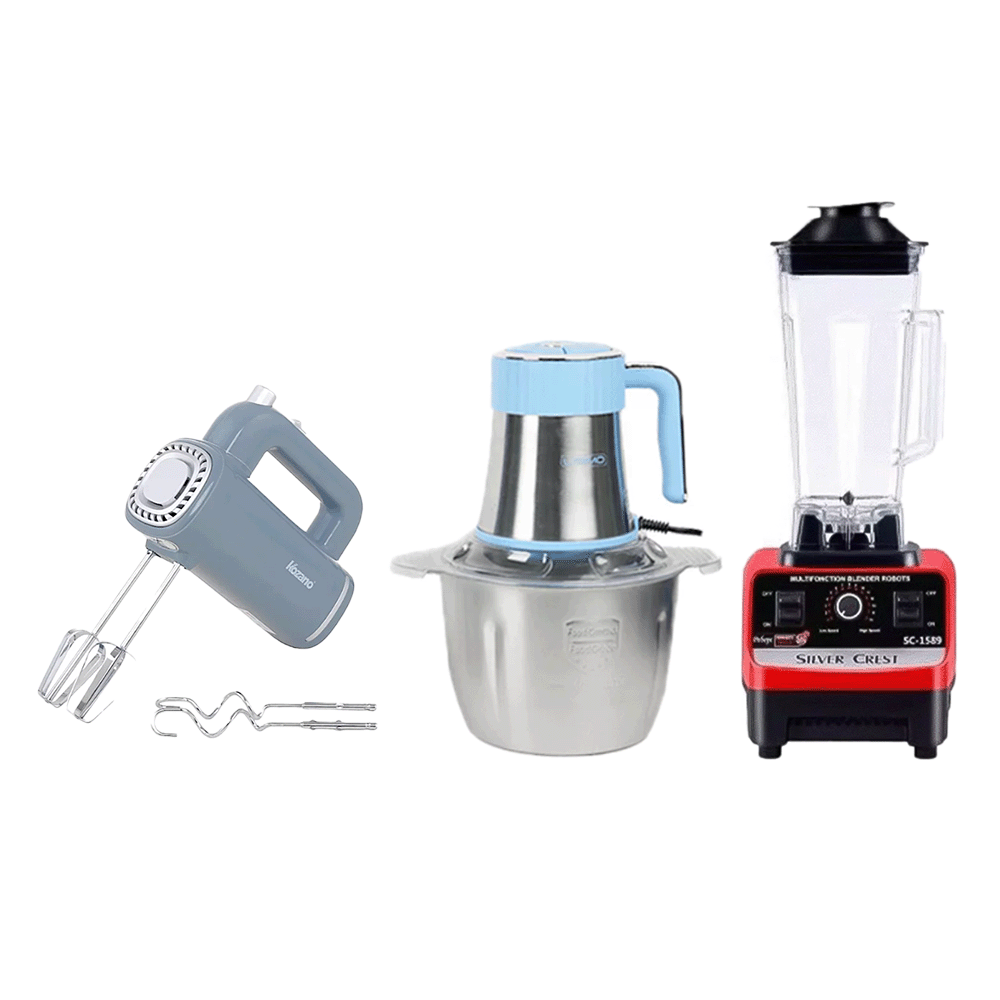 باكج 3×1 سيلفر كريست خلاط متعدد الوظائف 2.5 لتر،كوزانو خلاط يدوي كهربائي – 200 واط وليسيمو فرامة كهربائية 12 في 1 300 واط موديلLSC 100