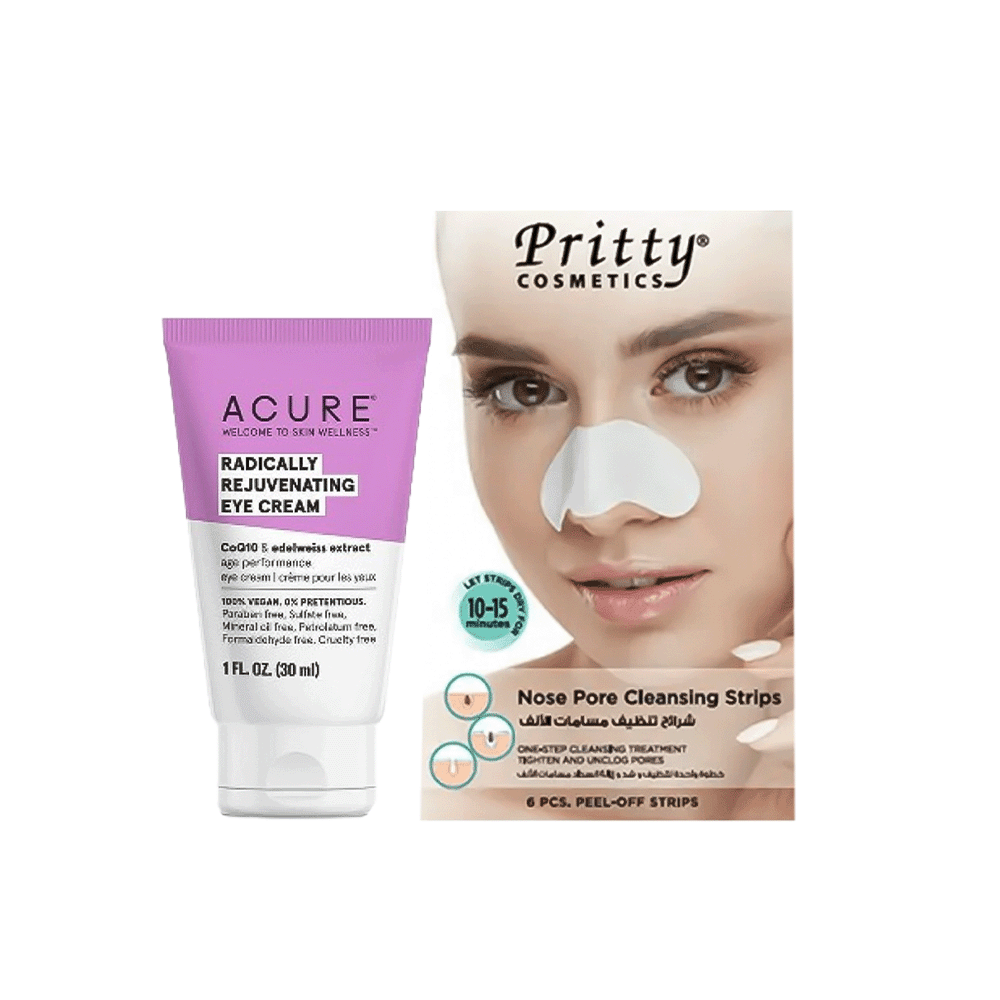 باكج عنايه الوجه 2×1 اكيور كريم لتجديد شباب العين بشكل جذري 30مل,بالمرز هير سلك كريم مقاوم للتجاعيد 150 جم و بريتي شرائح تنظيف مسامات الأنف بشجرة الشاي 6 شرائح