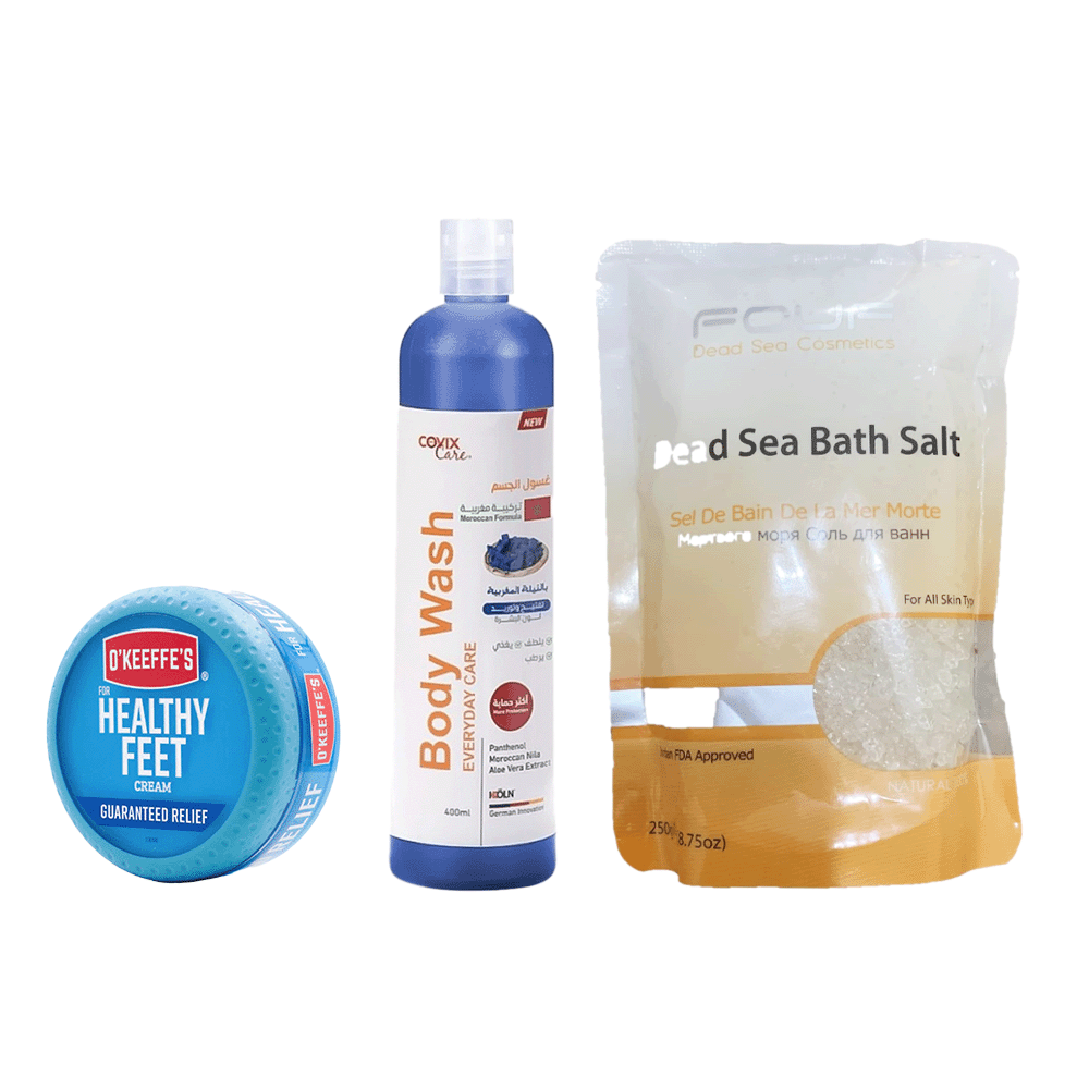 باكج عنايه الجسم 3×1 جنيريك غسول للجسم كوفيكس بالصابون الافريقى 400 مل,فوف املاح استحمام البحر الميت 800 غرام و اوكيفس كريم العناية اليومية بالقدم