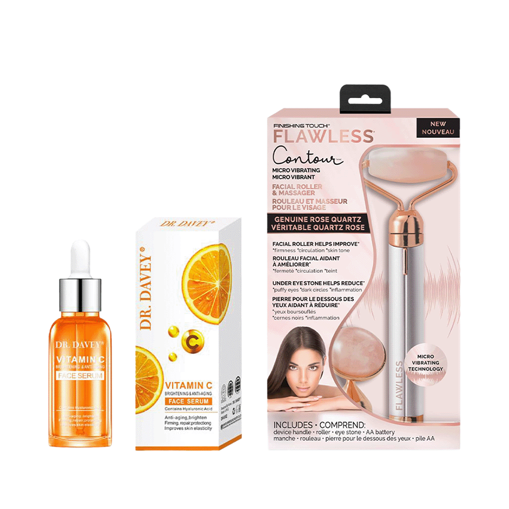 باكج2 ×1فلوليس أداة تدليك وشد الوجه بتقنية الاهتزاز المتحكم وحجر الكوارتز الوردي و دكتور ديفي سيروم فيتامين سي للوجه 30 مل