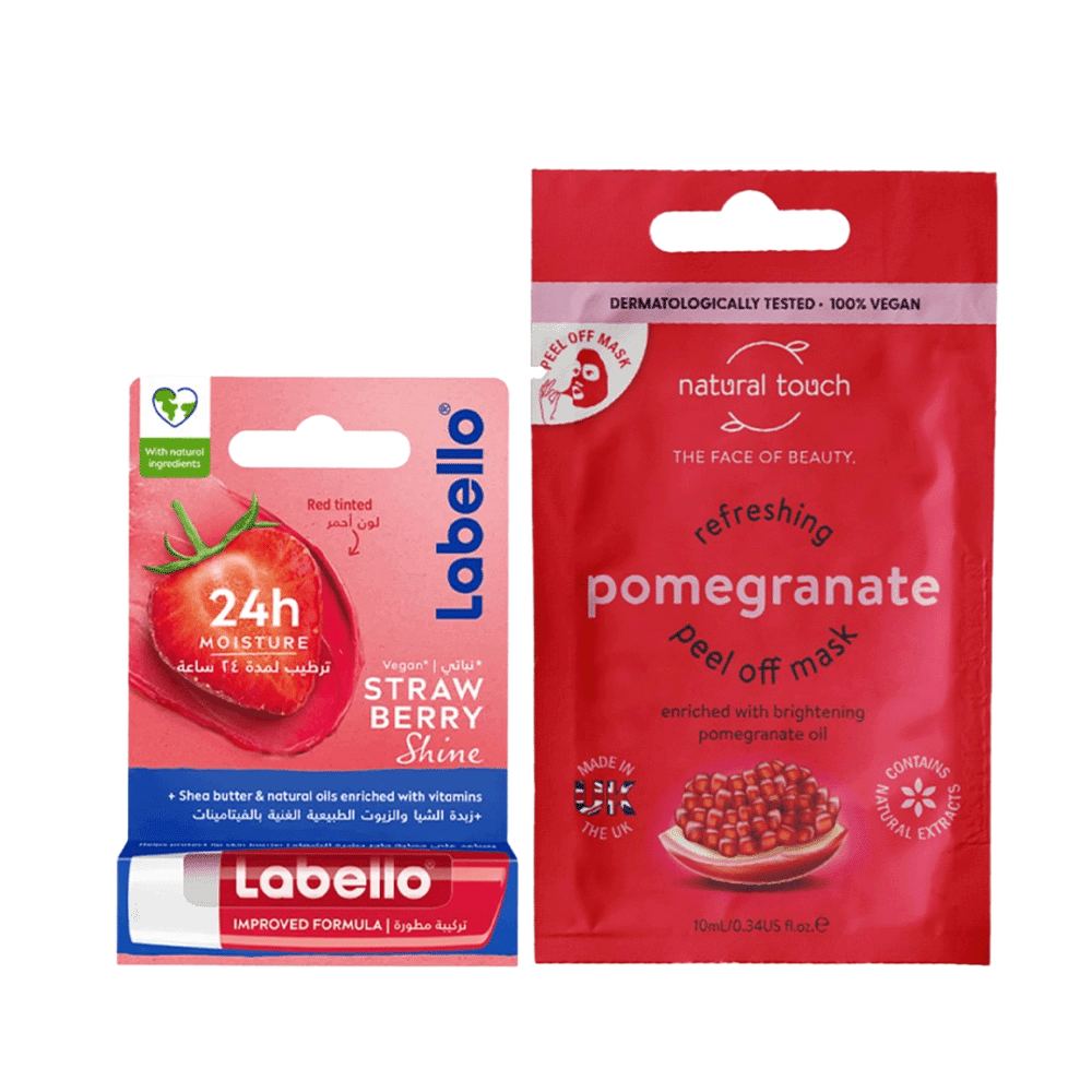 باكج2 ×1لابيلو مرطب للمعان الشفاة بالفراولة 4.8 جم و ناتشورال تاتش قناع وجه بالرمان 10 مل