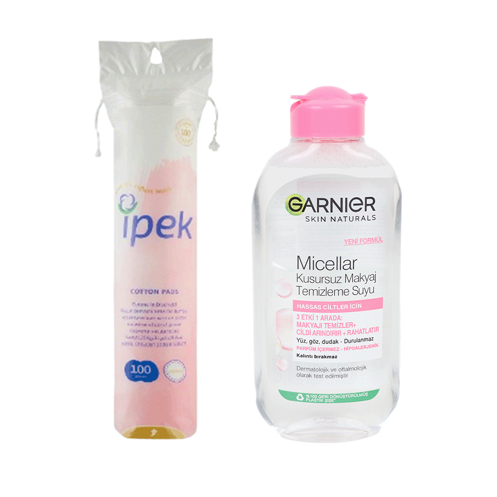 باكج2 ×1ايبيك أقراص قطن دائرية 100 قطعة و غارنيه ماء ميسيلار لتنظيف المكياج 200 مل