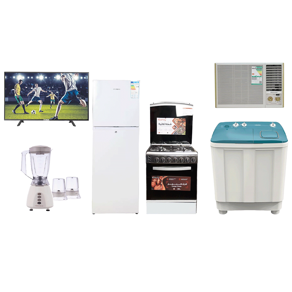  باكج تورنيدو غسالة 12 كجم  + كارفي طباخة 4 شعلات + هيونداي ثلاجة ثلج قائم + هايسنس مكيف شباك طن ونص + تورنيدو خلاط بقوة500 وات + هيونداي تلفزيون 40 بوصة بقوة 74 وات  