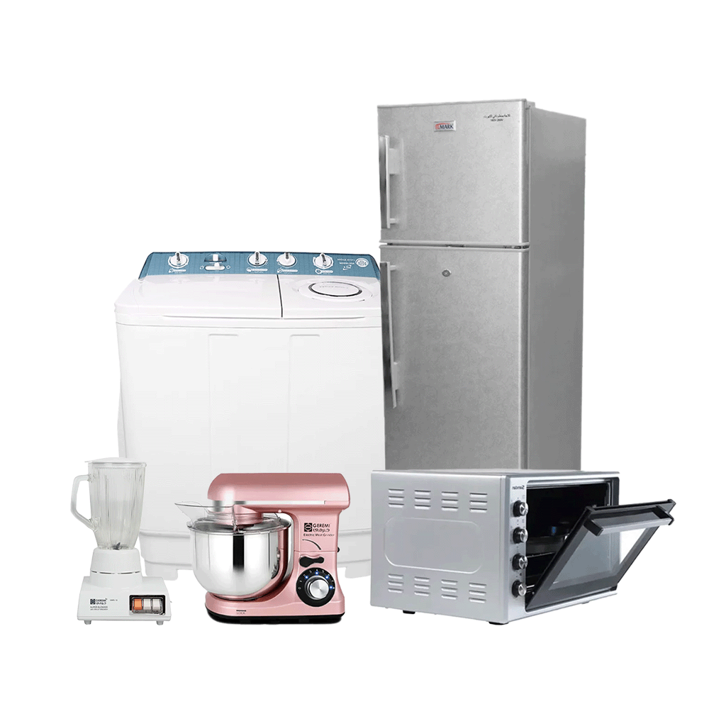 باكج بي إم غسالة كهربائية حوضين بقوة 270 واط و سعة 9.5 كجم و المارك ثلاجة كهربائية بابين سعة 280 لتر و سمدان فرن كهربائي سعة 70 لتر و جيرمي خلاط كهربائي سعة 1.8 لتر وقوة 500 واط مع جيرمي عجانة كهربائية بوعاء سعة 7 لتر و قوة 1200 واط

