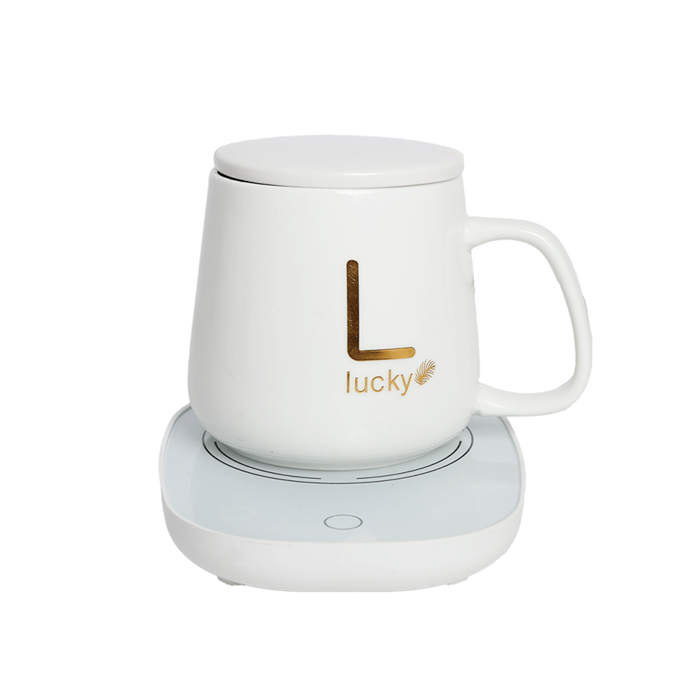 كأس مع ملعقة و مسخن كهربائي من السيراميك متعدد الاستعمالات - أبيض