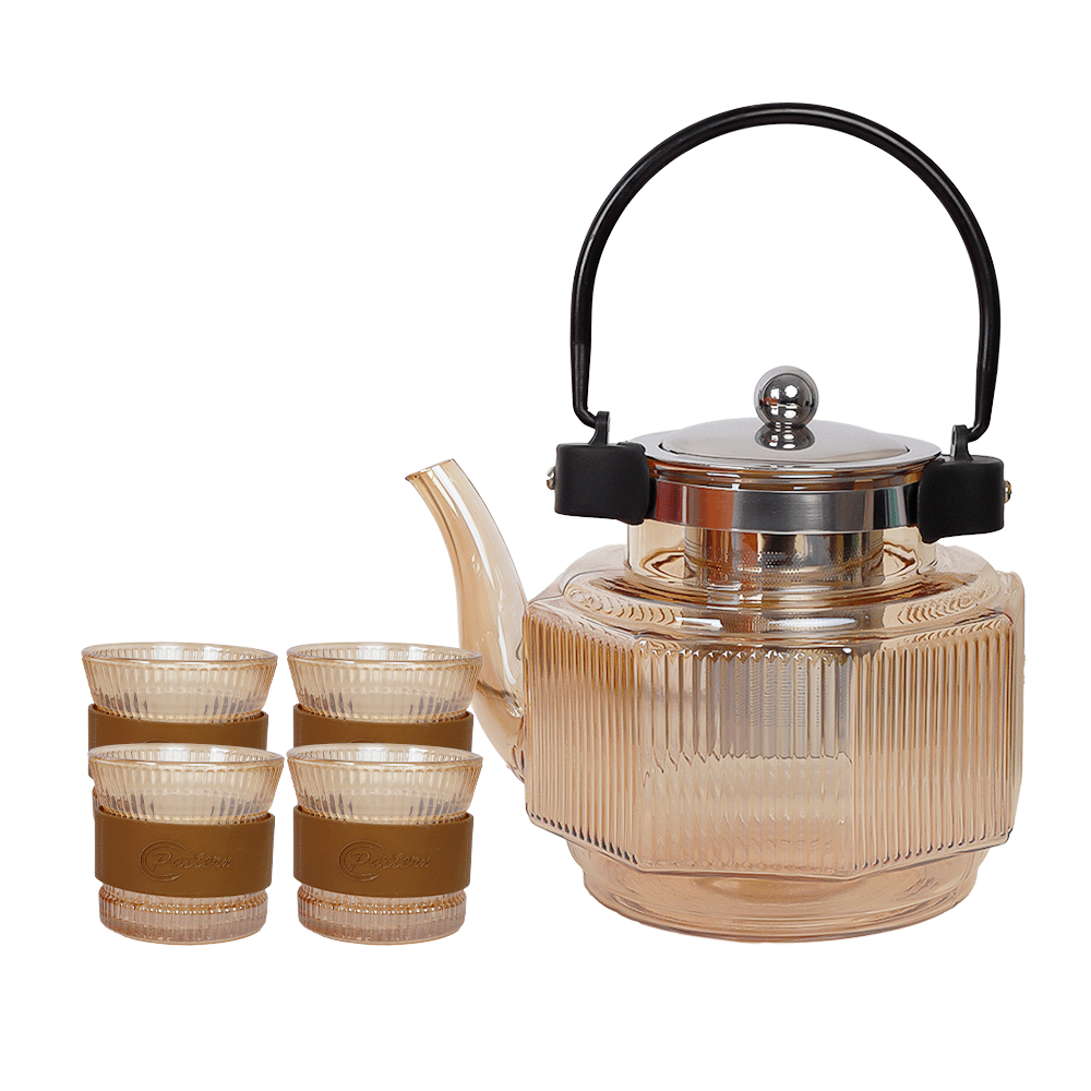 طقم ابريق شاي مع كاسات زجاج شفاف عدد - 5 قطع