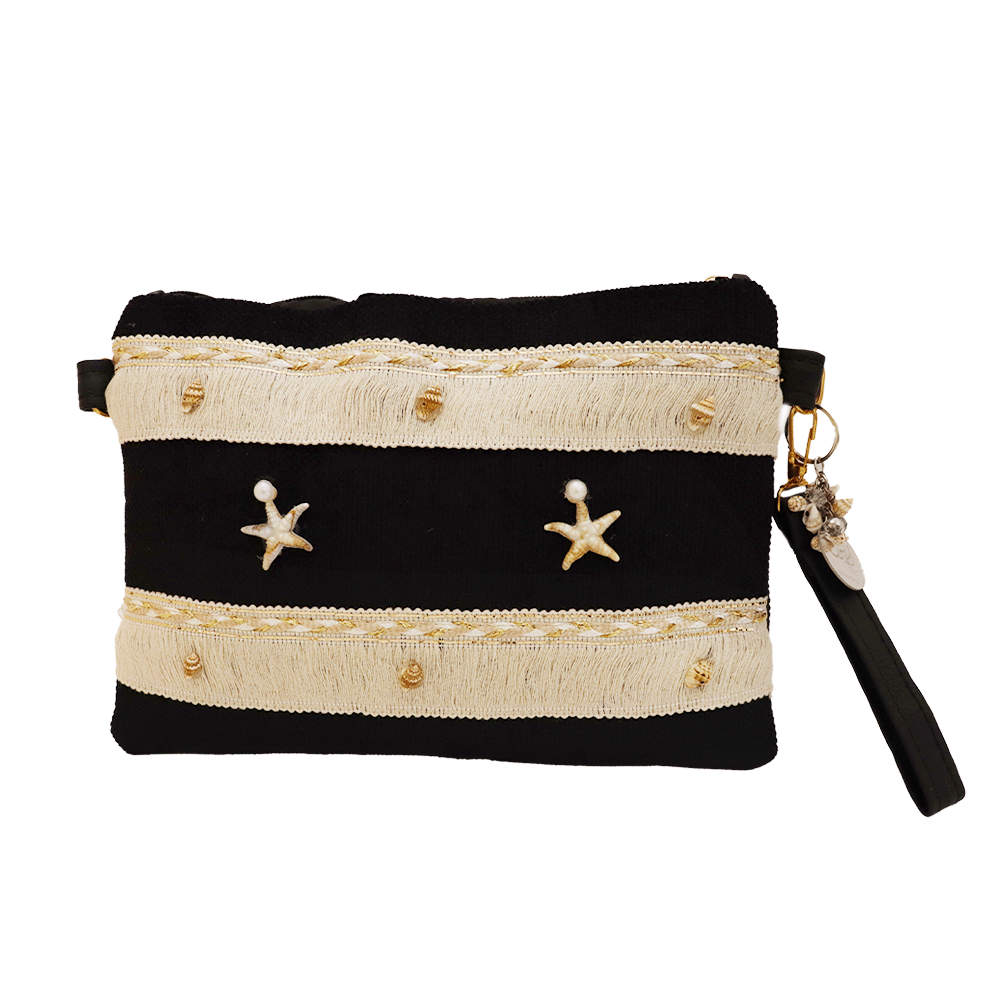 ام البنون شنطة مخملية مطرزة ومزينة بالأصداف البحرية