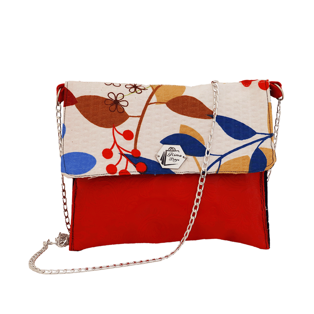 ريما باج حقيبة كتف جلد احمر مزخرف بغطاء قماش ابيض مزخرف