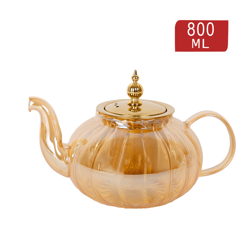 إبريق شاي تي بوت زجاجي شفاف مع مصفاة و غطاء ستانلس ستيل ذهبي سعة 800 مل - موديل SH202