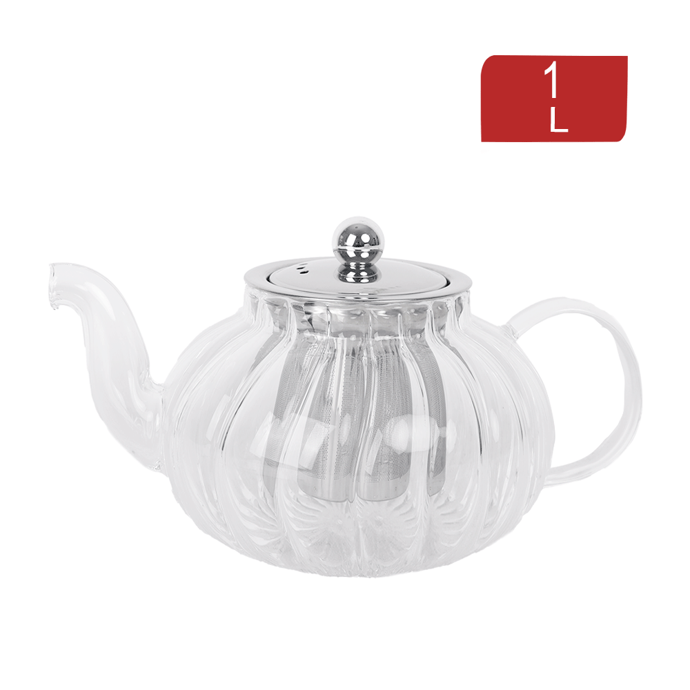 إبريق شاي جرين زجاجي شفاف مع مصفاة و غطاء ستانلس ستيل فضي سعة 1 لتر - موديل SH203