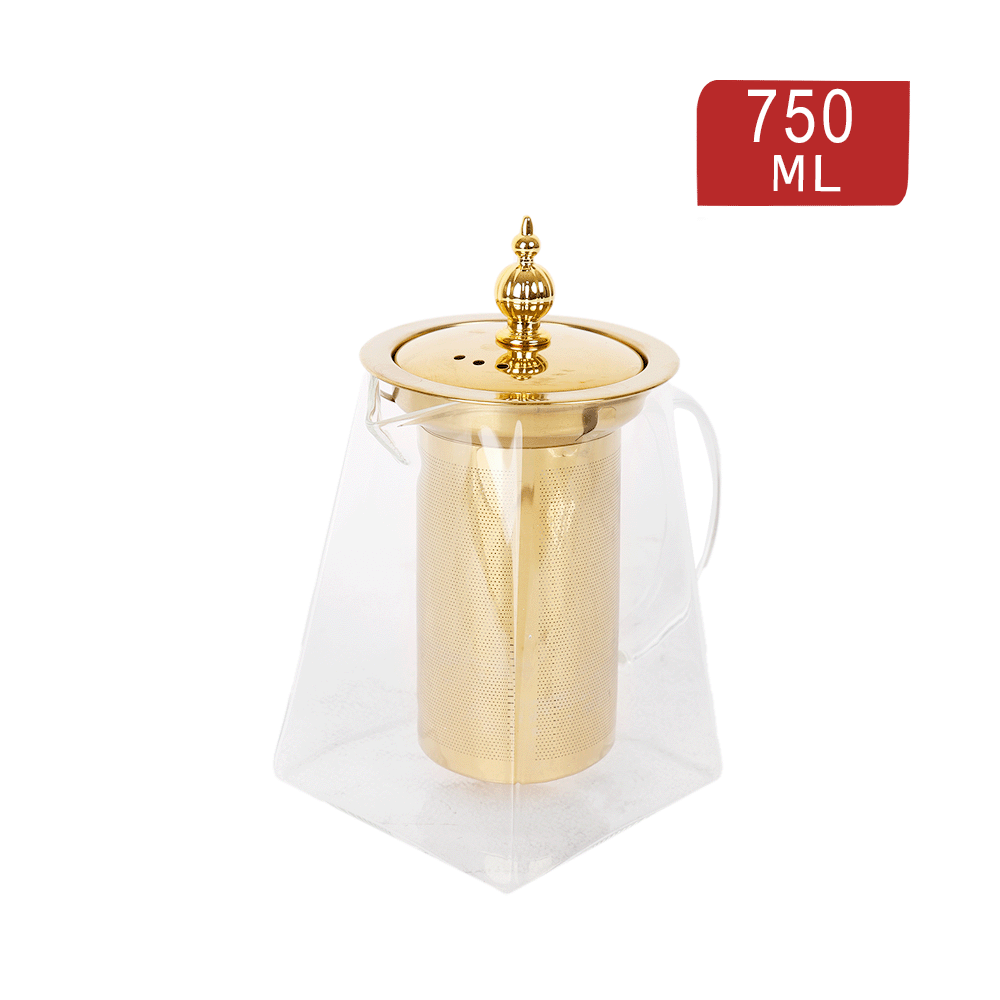 إبريق شاي شابين زجاجي شفاف مع مصفاة و غطاء ستانلس ستيل ذهبي سعة 750 مل - موديل SH206