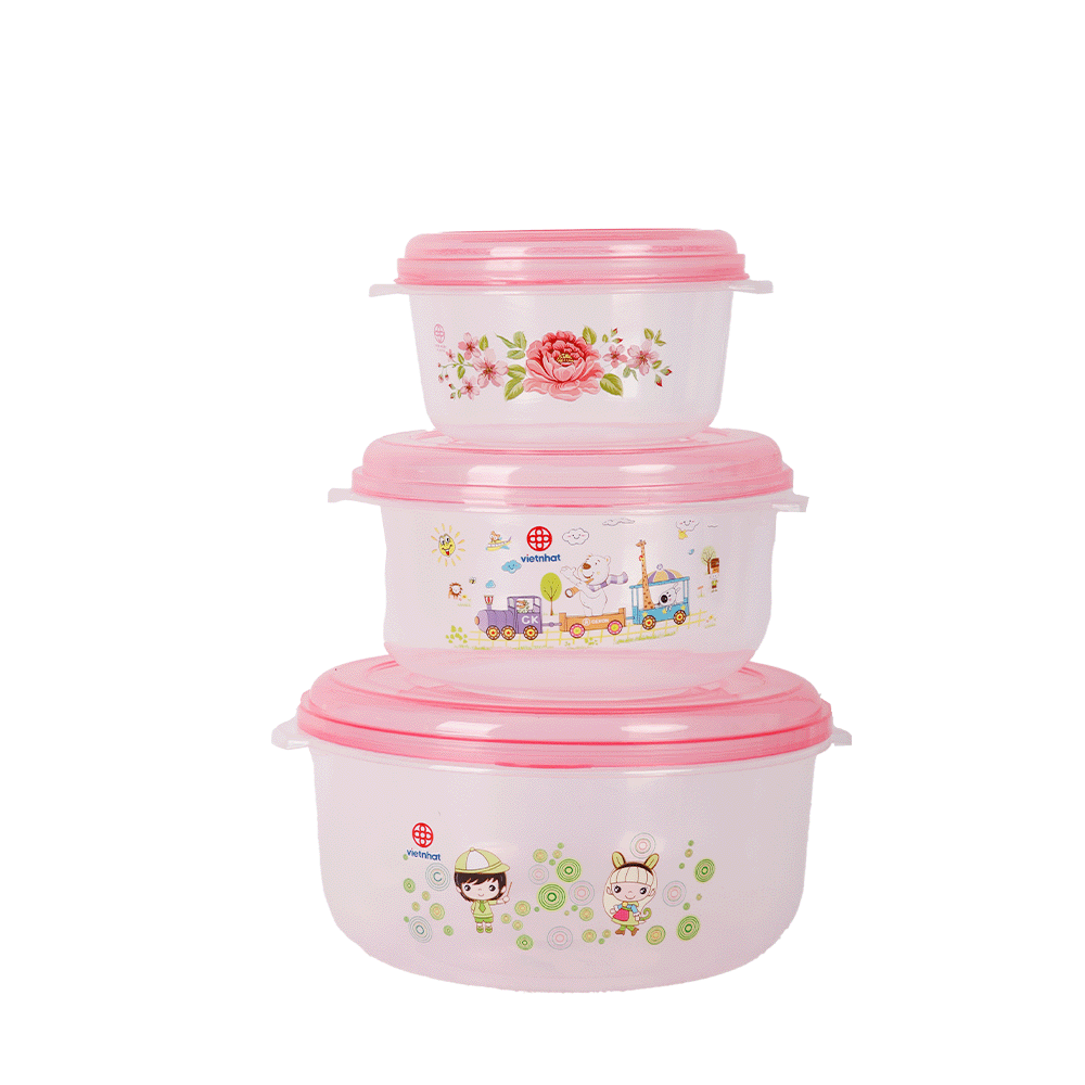 طقم علب حافظة الطعام دائري فييت نهات بلاستيك موديل6417 - 3 قطع-pink