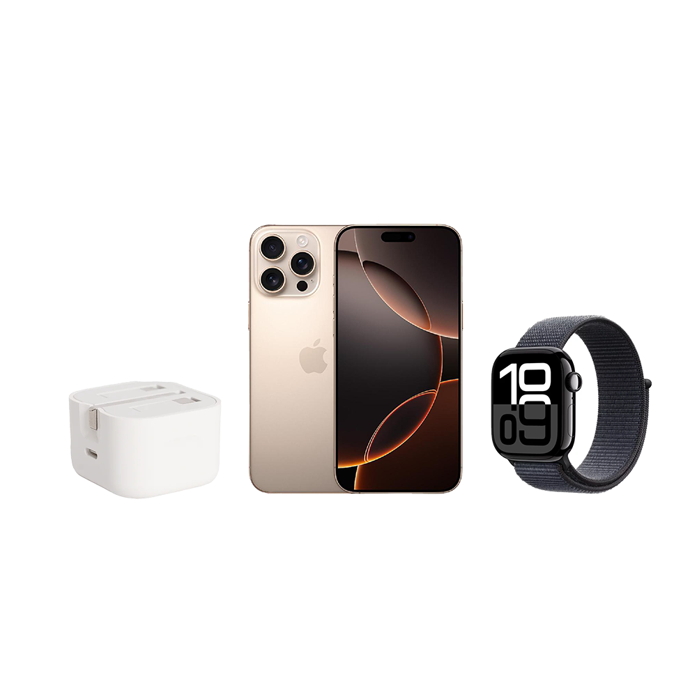 باكج أبل آيفون 16 برو ماكس وكالة بلأضافة الى شاحن تايب سي مع ساعه يد ذكية سيريس 10