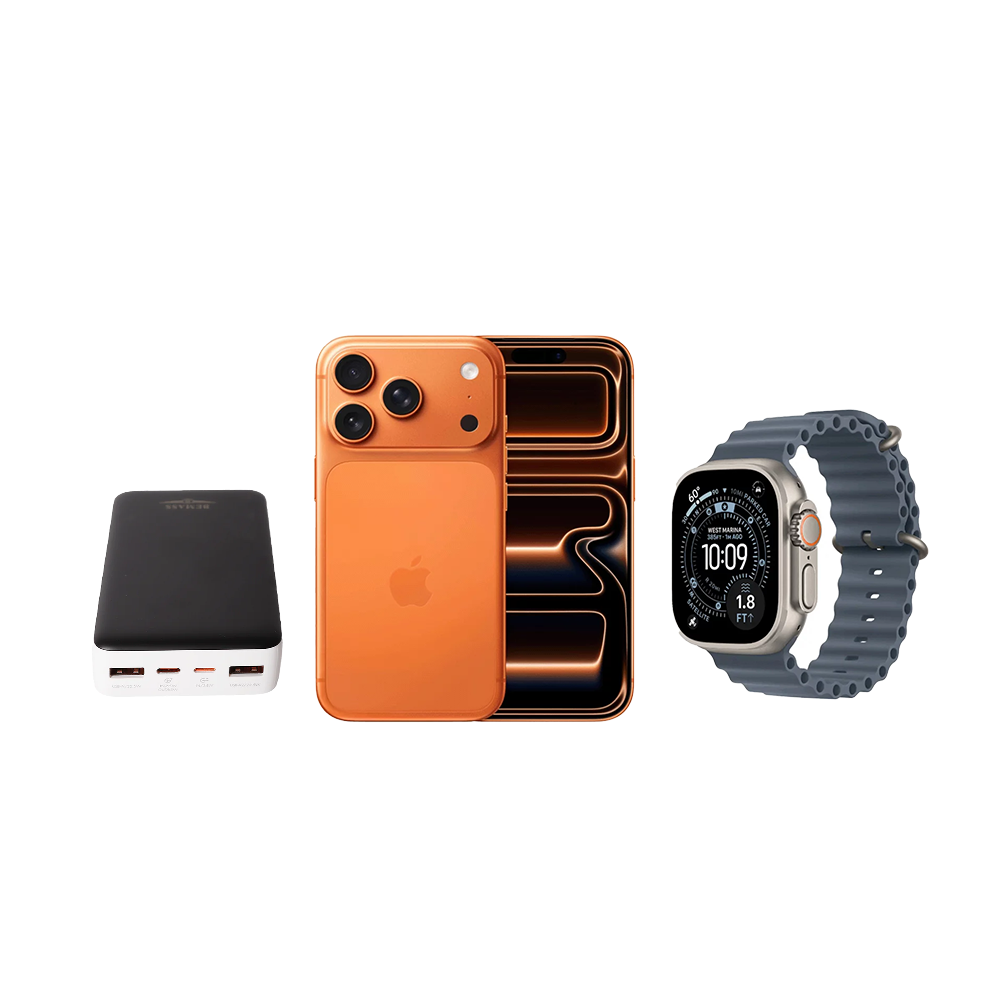 باكج أبل آيفون 17 برو ماكس وكالة بلأضافة الى باور بانك مع ابل ساعه ووتش 3